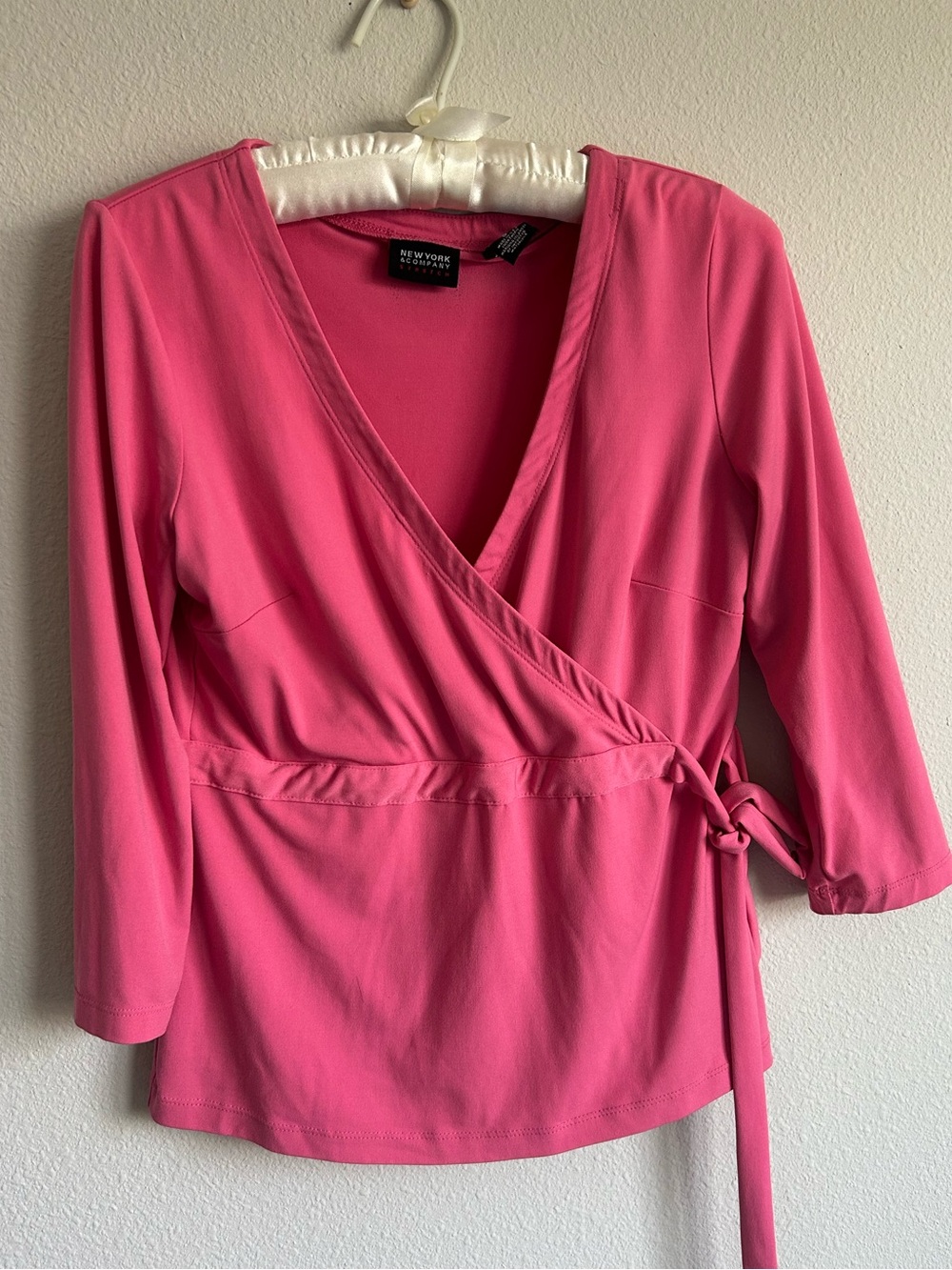 Y2K New York & Company Hot Pink Wrap Blouse 3/4 Sleeve